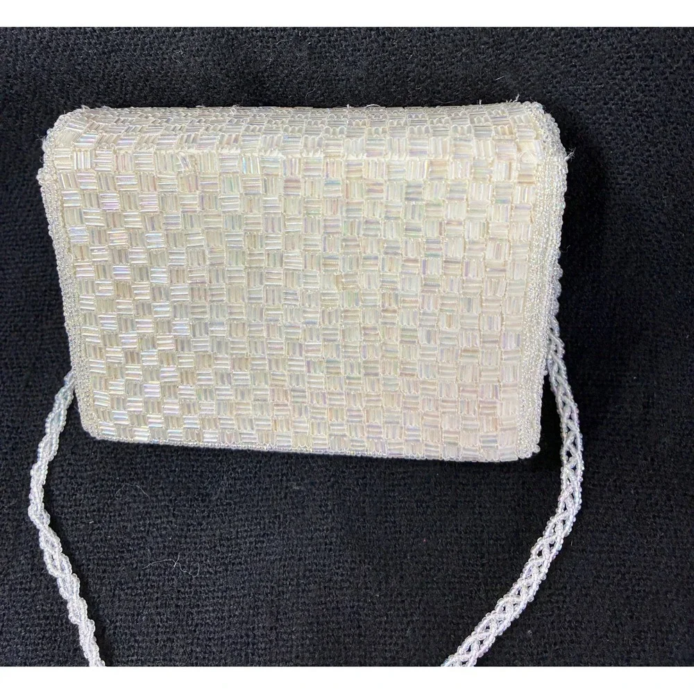 Vintage Iridescent White Beaded Evening Clutch Crossbody Bag Basketweave Pattern
